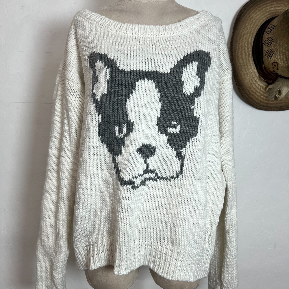 Aéropostale French Bulldog Knit Sweater Ivory Gray Crewneck Women's Size M